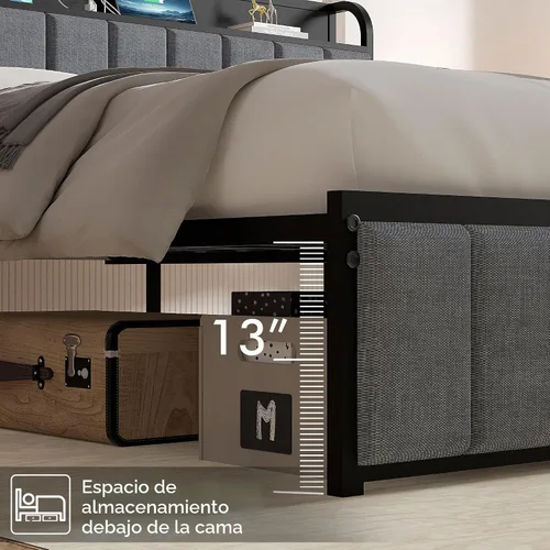 Vista 5 de VECELO Marco de cama Full, cabecera tapizada con almacenamiento y estación de carga, marco de cama de plataforma, listones de metal resistente,