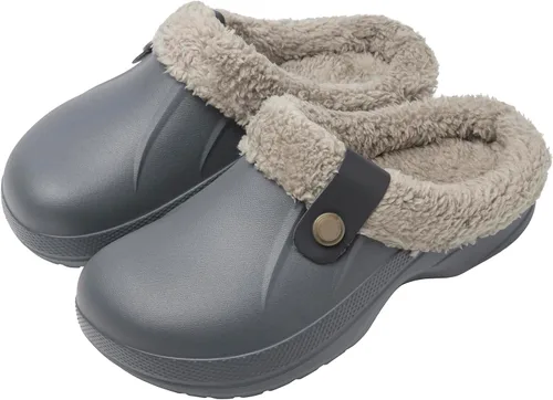 Vista 7 de ChayChax - Pantuflas impermeables para mujeres y hombres, con forro de piel, zapatos de jardín de invierno, pantuflas cálidas para interiores
