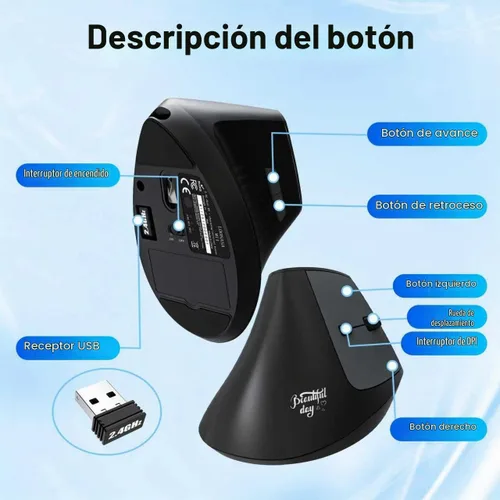 Vista 8 de Ratón ergonómico Bluetooth, mouse vertical inalámbrico recargable para túnel carpiano con conexión USBC y BT 5.0/3.0 y 2.4G, silencioso, fácil