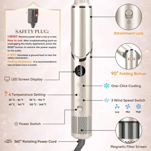 Vista 3 de Cepillo secador de pelo 8 en 1 con rizador de envoltura automática, rizador de 1.25 pulgadas, secado rápido, plegable, 110,000 rpm, para mujeres