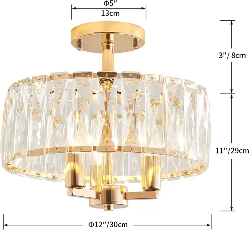 Vista 2 de AGV LIGHTING CL003G K9 Lámpara de Techo Semiempotrada de Cristal, Base E12 3 Luces, D13 x H15, Acabado Dorado Brillante y Negro