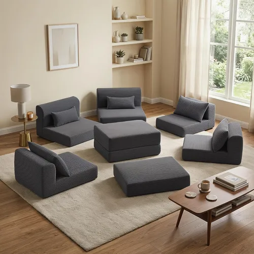 Vista 2 de Juego de sofás modulares deshuesados seccionales de 100 pulgadas para sala de estar, sofá modular tapizado en forma de L movible con 5 almohadas Gris