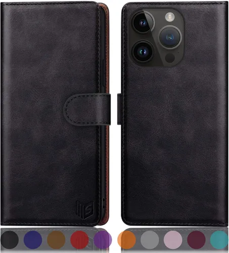 Vista 26 de SUANPOT Funda protectora tipo cartera con función atril para iPhone 15 de 6.1 pulgadas, con soporte para tarjetas de crédito RFID, funda de piel