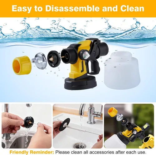 Vista 7 de Pulverizador de pintura, pistola de pulverización HVLP de 1000 W para manchas y muebles, amarillo 1400ML sprayer with 3 brass nozzles, 3 patterns