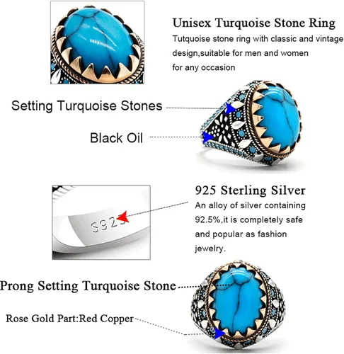 Vista 5 de AROTOROM Retro Turquoise Ring for Men in 925 Sterling Silver Oval Sky Blue Stone Ring Life Track Significance Turkish Handmade Engraved Silver Ring