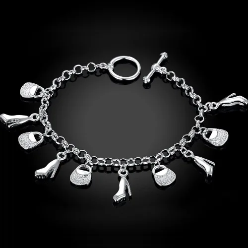 Vista 3 de Joyería de moda 925 zapatos de plata esterlina elegante bolso colgante cadena pulsera, Plata