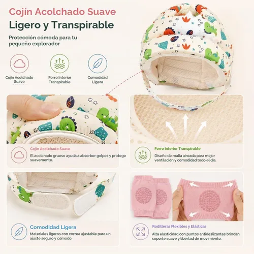 Vista 4 de Juego de protectores de cabeza y rodilleras para bebé, casco de bebé suave y ajustable para gatear, gorra de protección de cabeza infantil con 5