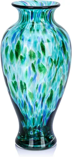 Vista 14 de Jarrón de vidrio soplado a mano de 11.8 pulgadas de alto, hermoso jarrón de boca ancha para centro de mesa, floreros pintados de vidrio de Murano