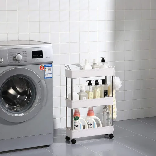 Vista 6 de Carrito de almacenamiento móvil, estantes de pie, organizador de almacenamiento deslizante, carrito utilitario con ruedas para cocina, baño