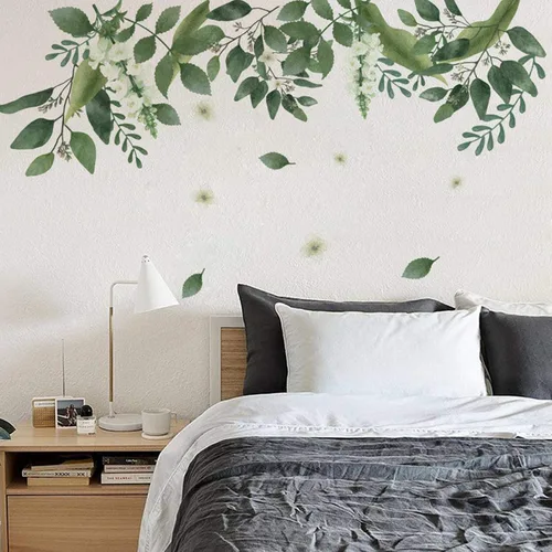 Vista 4 de Calcomanías de pared de hojas verdes colgantes, hojas de plantas frescas extraíbles, flores y vides, mural de pared de plantas verdes, hojas verdes