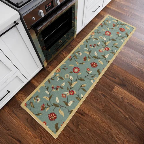 Vista 42 de Ottomanson, colección OttoHome, tapete para corredor con diseño azul claro y damasco (antiderrapante), parte trasera de goma Floral Beige