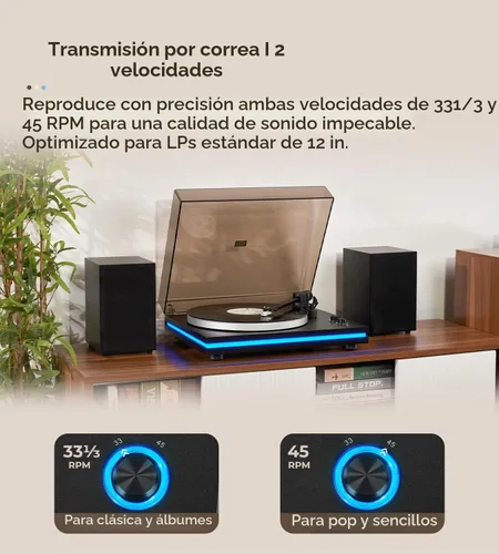 Vista 5 de Vangoa Tocadiscos de vinilo con altavoces estéreo de 40 W, cartucho magnético AT-3600L, placa de aluminio, luz azul, tocadiscos Bluetooth moderno