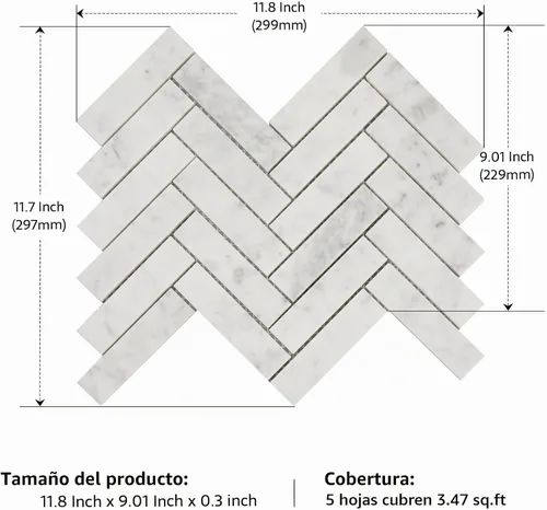 Vista 2 de Azulejo de mosaico de mármol de Carrara blanco, azulejo de mármol de 1 x 3 pulgadas, pulido para salpicaduras de cocina, baño, pared y piso, 5
