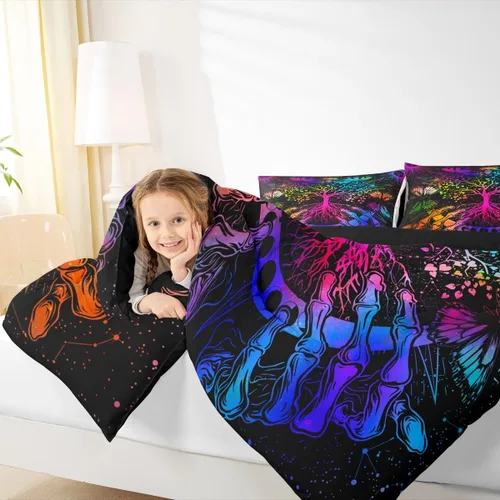 Vista 6 de Erosebridal Juego de ropa de cama con diseño de árbol de la vida, diseño bohemio de mariposa y mariposa, edredón de fase lunar hippie, edredón