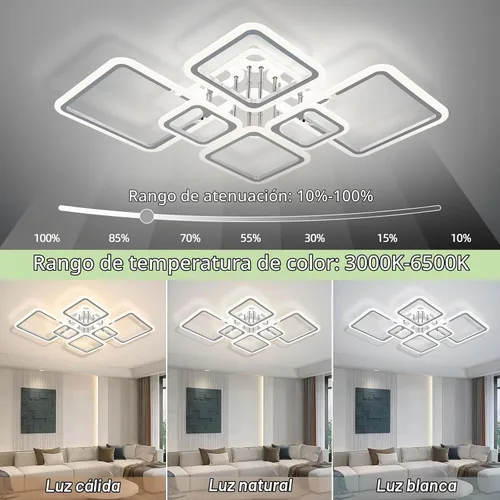 Vista 2 de Modernas luces LED de techo para dormitorio, 40.2 pulgadas, regulables, cuadradas, 6+1 anillos, luces de techo para sala de estar con control remoto