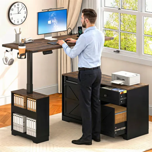 Vista 4 de St.Mandyu Escritorio eléctrico de pie en forma de L, escritorio de computadora ajustable de altura de 55 pulgadas con cajón de archivos, puerta
