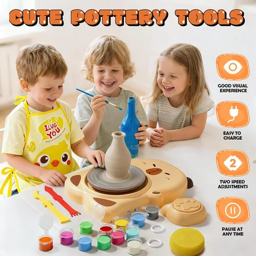 Vista 6 de Skirfy Mini Kit de Máquina de Torno de Alfarería para Principiantes Niños con Luz, Torno Eléctrico de Cerámica con Pedal de Pie y Kit de Pintura