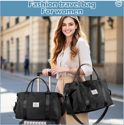 Vista 8 de Pequeña bolsa de gimnasio negra para mujer, elegante bolsa de viaje para avión, bolsa de lona ligera para mujeres y hombres, bolsa