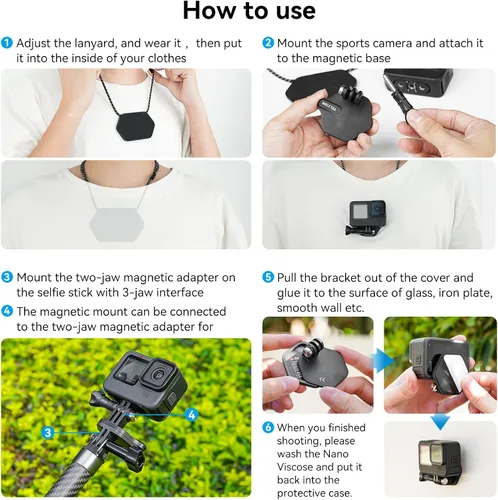 Vista 5 de TELESIN Soporte magnético en el pecho con correa para el cuello + soporte para teléfono + trípode magnético base de liberación rápida para GoPro Max