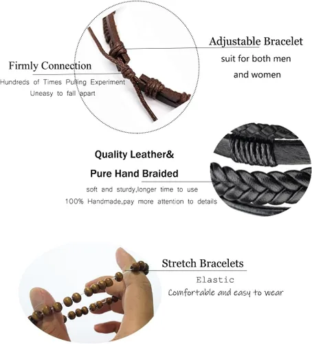 Vista 4 de SONNYX 24 pulseras de cuero trenzado para hombres y mujeres, pulseras tejidas de cáñamo, cuentas de madera, étnicas tribales hechas a mano, pulseras