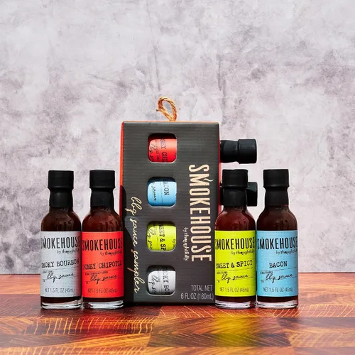 Vista 6 de Smokehouse by Thoughtfully, juego de muestras de salsa gourmet para barbacoa, vegano y vegetariano, los sabores incluyen chipotle de miel, bourbon