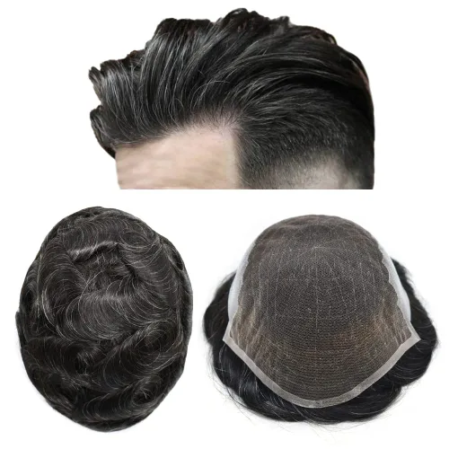 Vista 38 de Mens Toupee Human Hair Replacement System Swiss Lace Toupee For Men Hair Piece Protesis Capilar Mens Hairpiece 5X7#1 Jet Black 120% Density