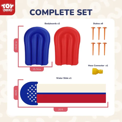 Vista 2 de TOY Life Toboganes acuáticos gigantes de bandera estadounidense para niños, tobogán acuático de 20 pies, patio trasero con 2 tablas de bodyboard, 2