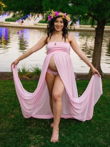 Vista 6 de Vestido de maternidad sin tirantes para mujer, con hombros descubiertos, para fotografía, vestido de gasa con abertura frontal para sesión de fotos