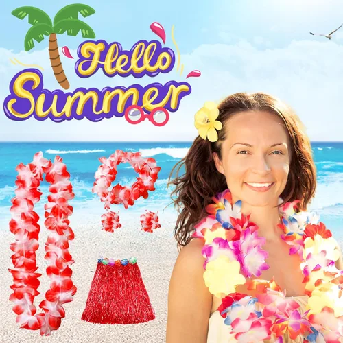 Vista 4 de 6 juegos de faldas hawaianas de hierba Leis para fiesta Luau, falda hula con diademas, pulseras tropicales decoraciones de fiesta, multicolor