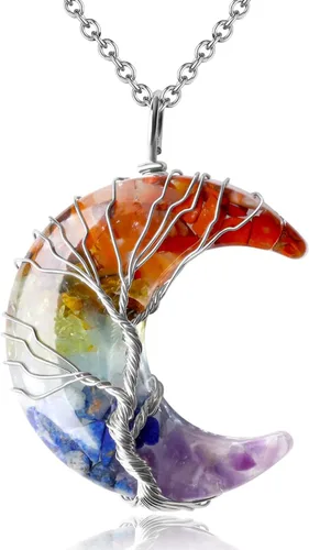 Vista 11 de MAIBAOTA Collar de Cristal Curativo, Collar de Luna Creciente con Árbol de la Vida envuelto en alambre, Collares con Colgante de Piedra Natural