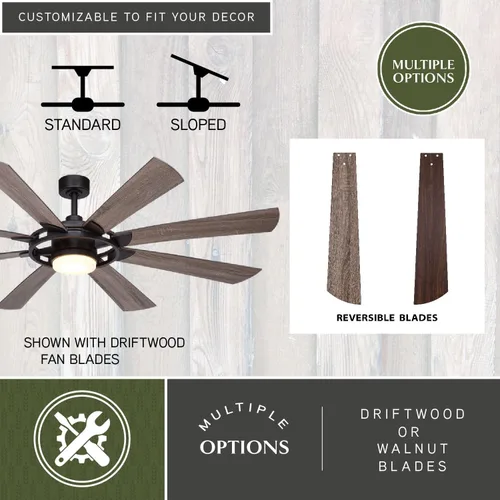 Vista 6 de Burlington - Ventilador de techo de bronce para interiores y exteriores de 68 pulgadas con aspas reversibles de madera de nogal, kit de luz LED