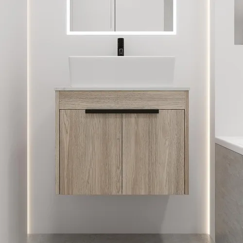 Vista 13 de Armario de tocador de baño de 24 pulgadas, tocador de baño flotante con lavabo de cerámica, moderno juego de tocador de baño colgante de roble