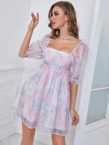 Vista 4 de WDIRARA Vestido de organza con estampado floral y cuello cuadrado y manga abombada para mujer