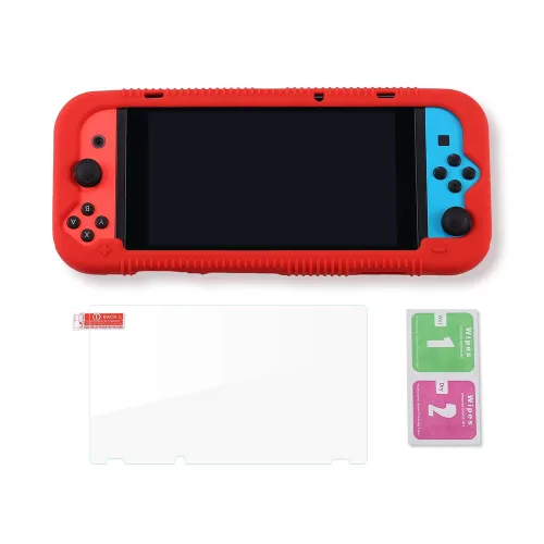 Vista 7 de Teyomi Protective Silicone Case for Nintendo Switch, Grip Cover with Tempered Glass Screen Protector, 2 Storage Slots for Game Cards