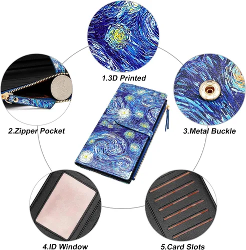 Vista 16 de Billeteras delgadas para mujer, tarjetero RFID plegable con bolsillo con cremallera, Mandala azul, Delgado