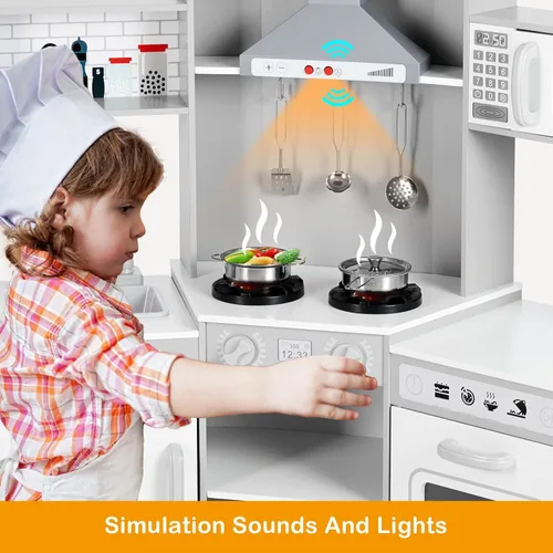 Vista 4 de JOYLDIAS Cocina de juego para niños, esquina de madera con luces y sonidos realistas, horno microondas, dispensador de agua, teléfono, fregadero
