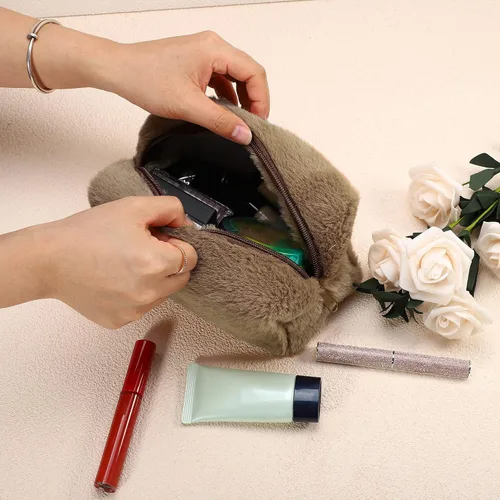 Vista 3 de VOCOSTE Pequeña bolsa de maquillaje de felpa, bolsa de cosméticos de belleza suave, bonita bolsa de aseo con cremallera de viaje, bolsa organizadora