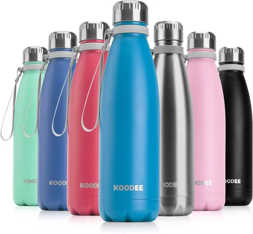 Vista 21 de koodee Botella de agua aislada (paquete de 2) botella de agua de doble pared de acero inoxidable 18/8, botella térmica de viaje con forma de cola