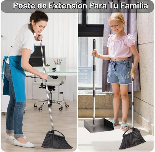 Vista 6 de Yangbaga Juego de recogedor y escoba de mango largo para el hogar, recogedores y escobas de metal resistente, diseño de pie vertical, escoba
