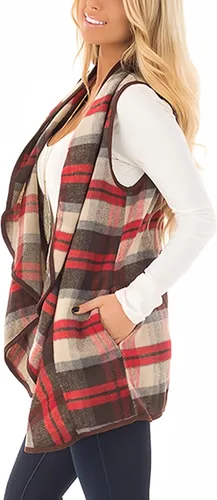 Vista 3 de Unidear - Chaleco con diseño de lana cuadriculada para mujer, chaqueta tipo cárdigan sin mangas, con solapa, frente abierto y bolsillos