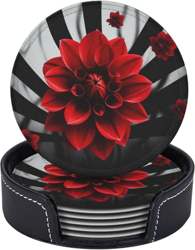 Vista 10 de 6Pcs Drink Coasters Round Leather Coaster with Holder Flowers Coasters for Drinks Coffee Cup Mat Heat Resistant Coaster for Tabletop Protection Desk
