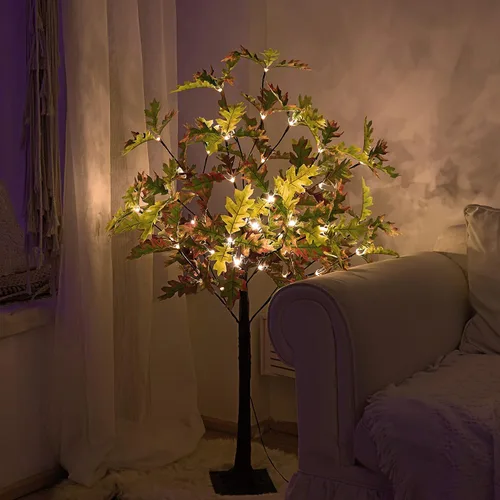 Vista 3 de Lightshare Árbol de roble iluminado de 4 pies con 48 LED, color blanco cálido, vegetación artificial con luces para boda, vacaciones, hogar, fiesta