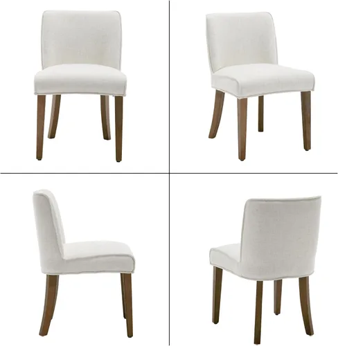Vista 6 de Mid-Century - Juego de 6 sillas de comedor de tela de lino blanco sólido con patas de madera de nogal, respaldo acolchado, sillas laterales rústicas