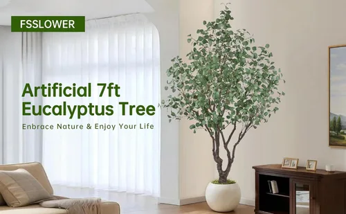 Vista 3 de Árbol de eucalipto artificial de 7 pies con 1470 hojas y maceta