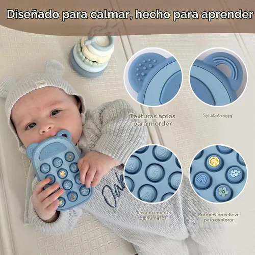 Vista 7 de Moonkie Juguetes de Dentición de Silicona con Forma de Teléfono para Bebé de 3 Meses+ Mordedor Suave Libre de BPA con Icono y Burbujas que