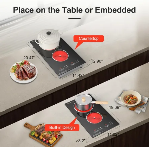 Vista 7 de Placa de cocina eléctrica, integrada y de encimera de 2 quemadores eléctricos para cocinar, 2400W 110V, 11 configuraciones de potencia, temporizador