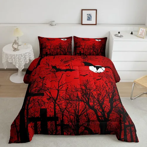 Vista 22 de Feelyou Juego de edredón de Halloween, color rosa fantasma, juego de ropa de cama tamaño individual, decoración para niños y niñas, lindo juego