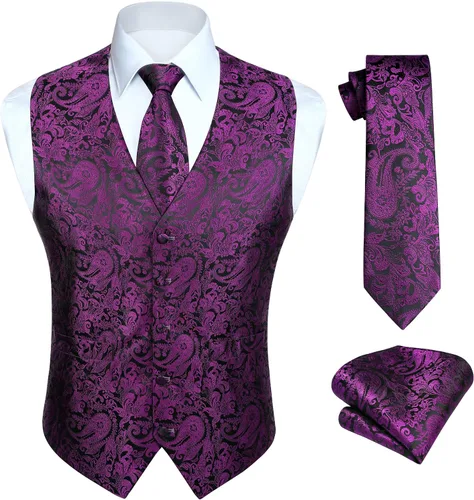 Vista 25 de HISDERN Conjunto de 3 piezas de chaleco formal para hombre, chaleco formal de cachemira floral jacquard corbata bolsillo cuadrado chalecos