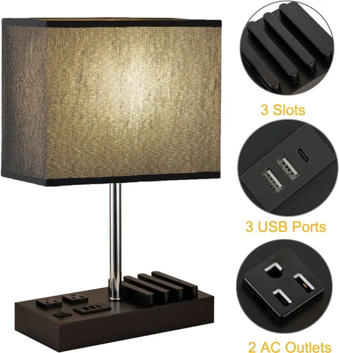 Vista 2 de Briever Lámpara de mesa USB, lámpara multifuncional de mesita de noche con 2 salidas de CA, 3 puertos de carga USB y organizador de soporte
