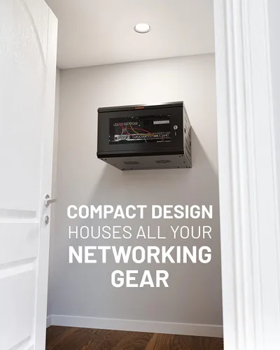 Vista 2 de ECHOGEAR 6U Rack de Red - Kit de Rack de Pared Montado en la Pared Incluye 2X Estantes de 1U, Ventilador Premontado, Puerta con Cerradura y Hardware
